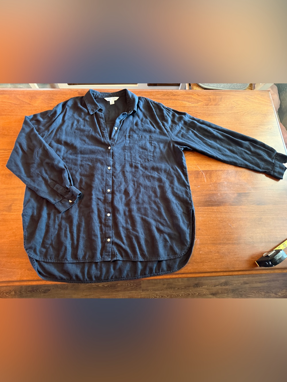 Old Navy Womens Black Linen Button-Up Long Sleeve Shirt